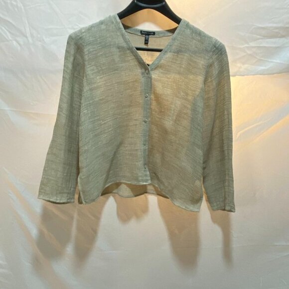 Eileen Fisher Linen Gauze Strata Button Front V-Neck Shirt Natural Wheat M - Picture 3 of 16